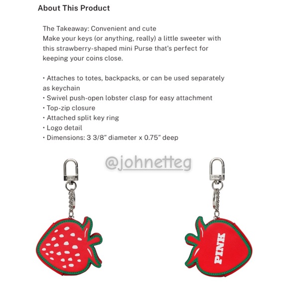 🍓PINK VICTORIA’S SECRET Zip Pouch Keychain Bag Charm Strawberry Bright Red - Picture 7 of 9